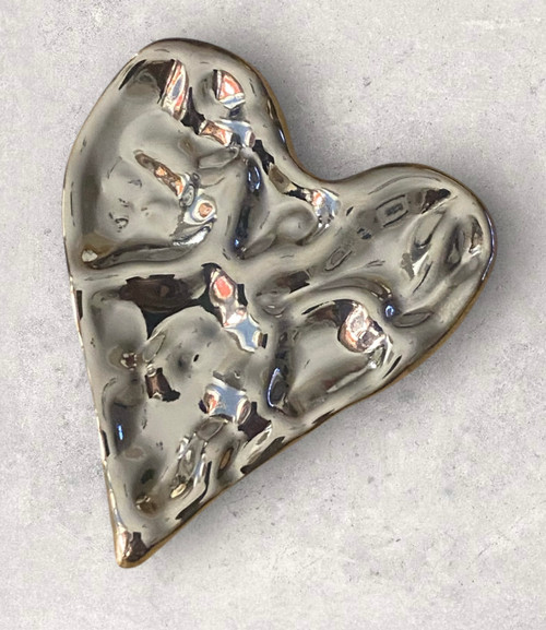 Large Statement Silver Stainless Steel Hammered Heart Brooch 