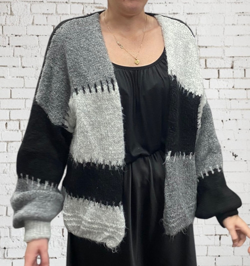 Studio Italian Grey Black Block Colour Blanket Stitch Sloppy Oversized Cardigan - Onesize Fits 8-16 Studio Italian Grey Black Block Colour Blanket Stitch Sloppy Oversized Cardigan - Onesize Fits 8-16