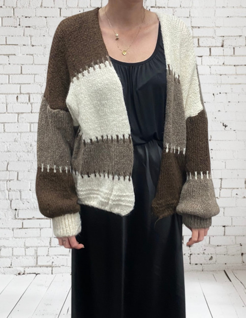 Studio Italian Cream & Brown Block Colour Blanket Stitch Sloppy Oversized Cardigan - Onesize Fits 8-16 Studio Italian Cream & Brown Block Colour Blanket Stitch Sloppy Oversized Cardigan - Onesize Fits 8-16