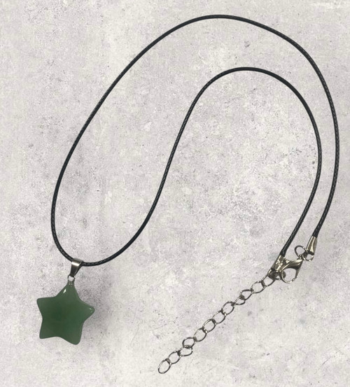 Green aventurine semiprecious star pendant on black cord necklace