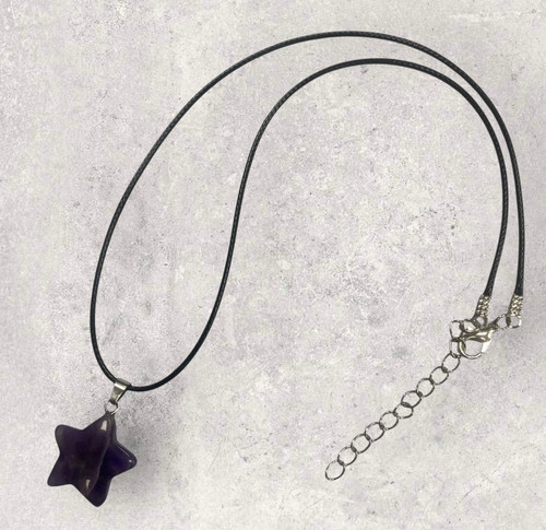 Amethyst polished star pendant necklace on black cord