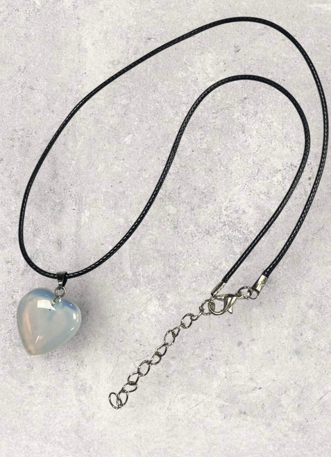 Opalite Polished Heart Pendant Necklace On Black Cord
