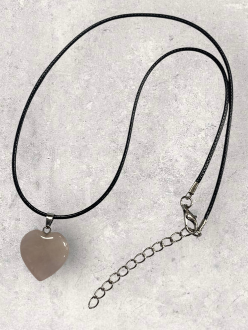 Rose Quartz Semi Precious Heart Pendant Necklace On Black Cord