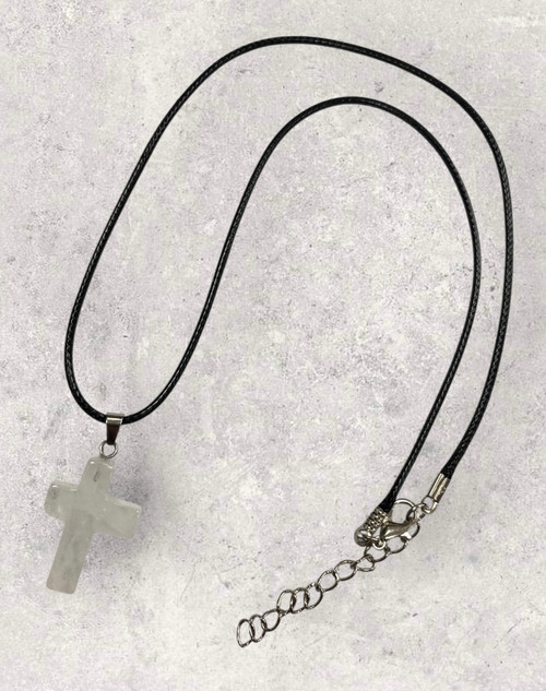 Clear Quartz Semi Precious Cross Pendant Black Cord Necklace