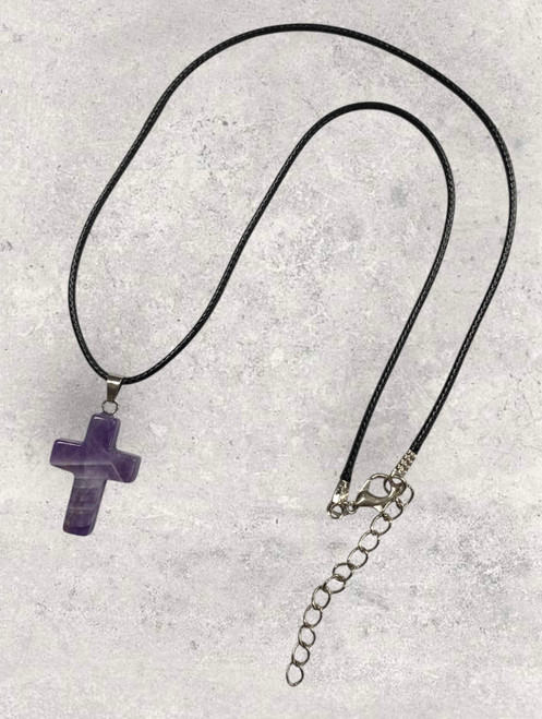 Amethyst polished Cross pendant necklace on black cord