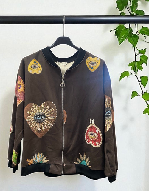 MADE IN ITALY Chocolate Brown Sacred Heart Print Suedette Bomber Jacket - One Size Fits UK 10-20