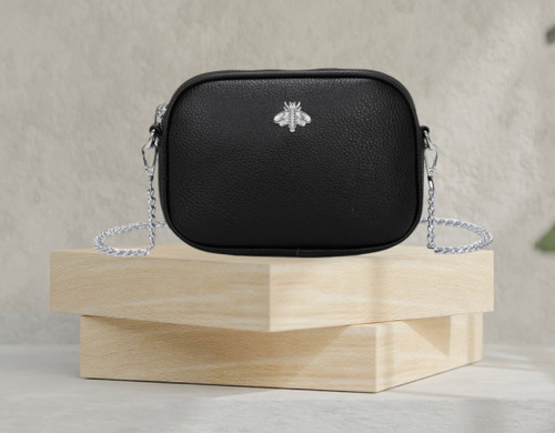 Jamie Small PU Faux Leather Bee Rounded Oblong Silver 1/2 Chain 1/2 PU Strap Bag 