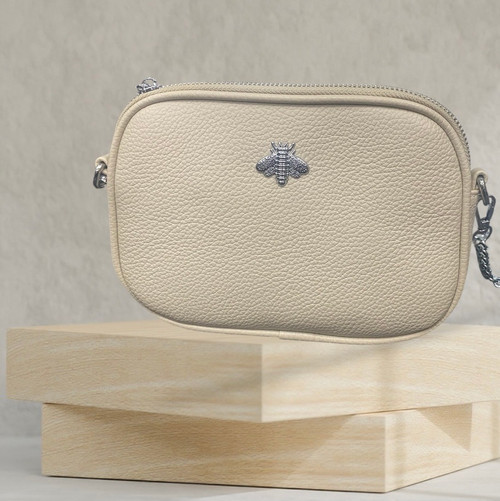 Jamie Beige Small PU Faux Leather Bee Rounded Oblong Silver 1/2 Chain 1/2 PU Strap Bag