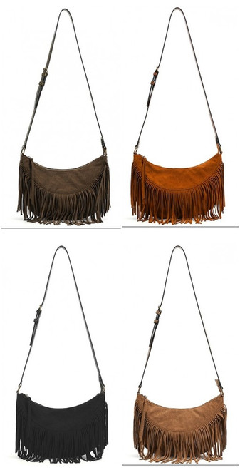 Long & Son Faux Suede Fringed Zip Fastening Crossbody Bag - Black Tan Taupe & Dark Brown