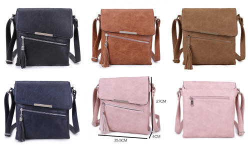 Long & Son Flapover Snap Fastening Tassel 3 Compartment Crossbody Bag  - Black Navy Sand Tan Pink