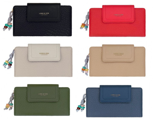 Long & Son Textured Envelope Flap Zip Long Purse / Wallet With Cord Charm Black  Taupe Red Tan Navy Grey