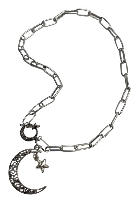 Statement Filligre Cut Out Crescent Moon Antique Silver Oblong Link Necklace With Toggle Clasp Statement Filligre Cut Out Crescent Moon Antique Silver Oblong Link Necklace With Toggle Clasp