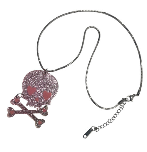 Pink glittery Skull & Crossbones heart eyes large statement antique silver steel pendant necklace Pink glittery Skull & Crossbones heart eyes large statement antique silver steel pendant necklace