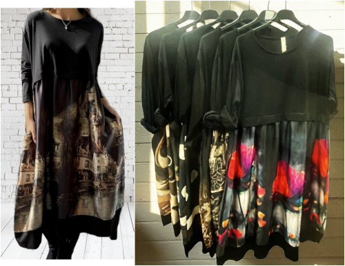 Italian Moda Black Jersey & Sateen Print Smock Dress - One Size Fits 10-20