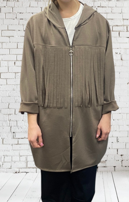 Mocha taupe super soft tech jersey longline fringed hooded zip front jacket - onesize fits 10-18 Mocha taupe super soft tech jersey longline fringed hooded zip front jacket - onesize fits 10-18