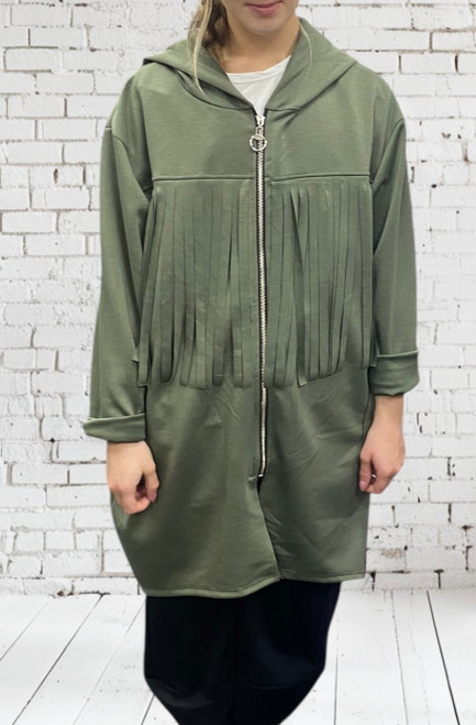 Khaki green super soft tech jersey longline fringed hooded zip front jacket - onesize fits 10-18 Khaki green super soft tech jersey longline fringed hooded zip front jacket - onesize fits 10-18