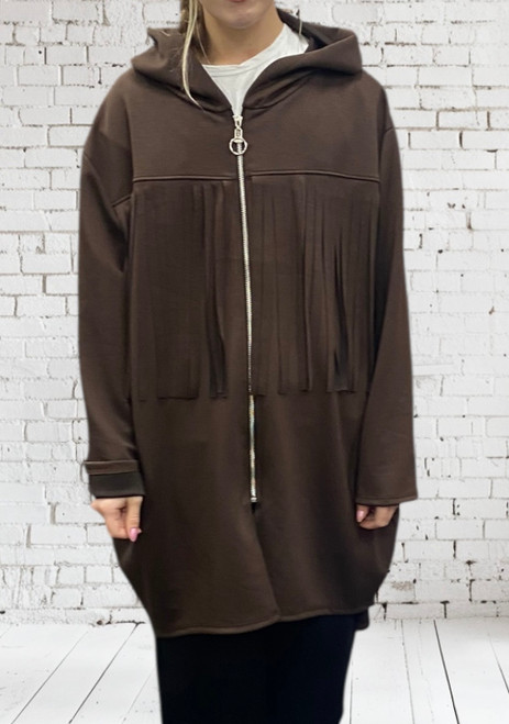 Chocolate brown super soft tech jersey longline fringed hooded zip front jacket - onesize fits 10-18 Chocolate brown super soft tech jersey longline fringed hooded zip front jacket - onesize fits 10-18