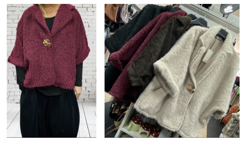 Shaggy Faux Fur 1/2 Sleeve Lapel Collar Oversized Jacket With Gold Brooch - One Size Fits UK 10-20 Beige, Brown, Black & Burgandy Shaggy Faux Fur 1/2 Sleeve Lapel Collar Oversized Jacket With Gold Brooch - One Size Fits UK 10-20 Beige, Brown, Black & Burgandy