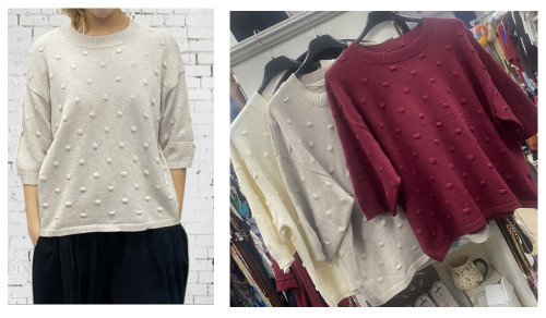 Italian Short Sleeved Crew Neck Fine Knit Dobby Spot Jumper - Onesiz Fits UK 8-14 Burgandy Cream Or Beige Italian Short Sleeved Crew Neck Fine Knit Dobby Spot Jumper - Onesiz Fits UK 8-14 Burgandy Cream Or Beige
