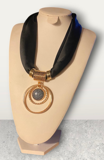 Statement On Trend Large Black & Gold Deco Avant Garde Layered Discs Satin Scarf Necklace