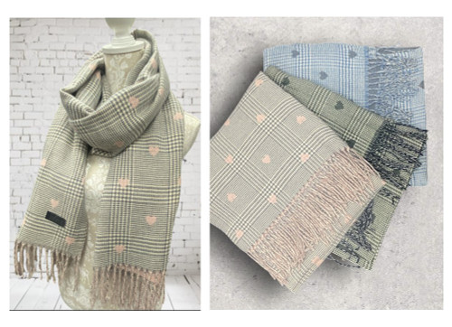 Cashmere Blend Tweed Tiny Check & Heart Super Soft Tassel Fringed Scarf