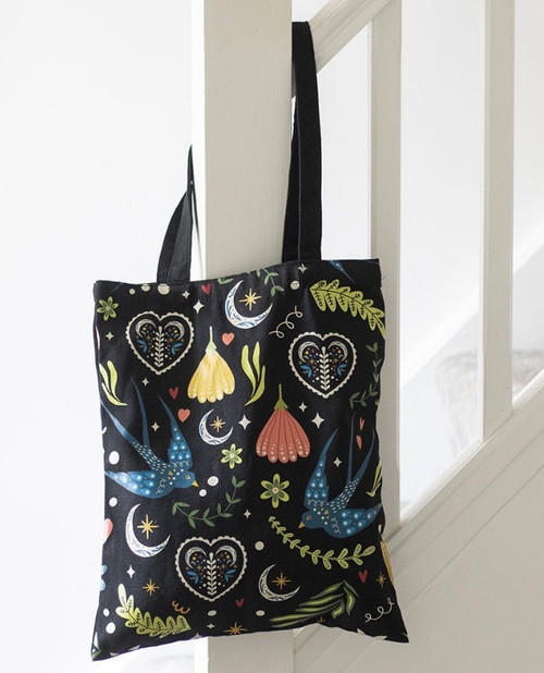 Midnight Bloom Black Twill Folk Art Print Shopper Tote Bag