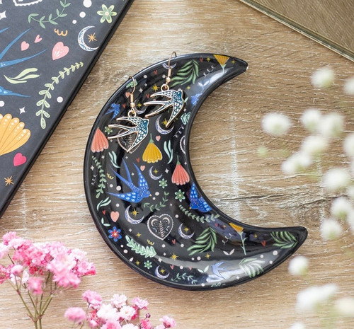 Midnight Bloom Black Folk Art Half Moon Trinket Dish