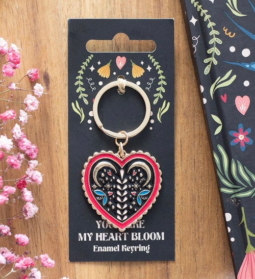 Midnight Bloom Heart Folk Art Enamel & Gold Alloy Keyring