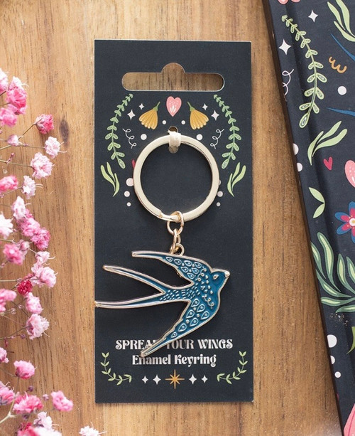Midnight Bloom Spread Your Wings Swallow Folk Art Blue Enamel & Gold Keyring