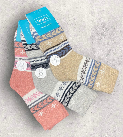 Ditsy Fairisle  Fair Isle Design Terry & Wool Blend Super Warm Socks - 5 Colours