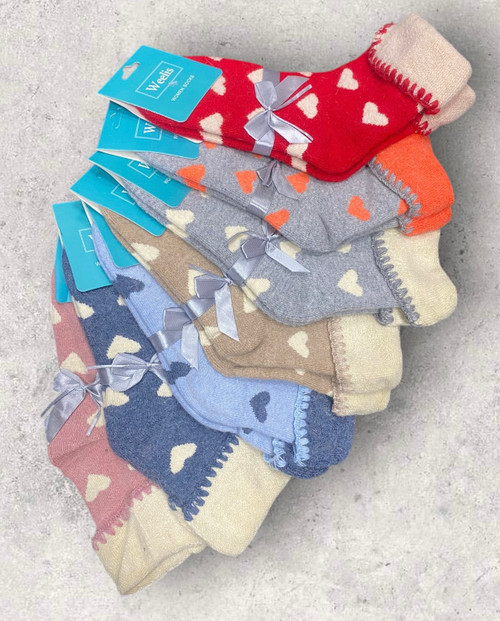 Heart Design Terry & Wool Blend Cuffed Boot, Bed Or Generally Super Warm Socks -8 Colours