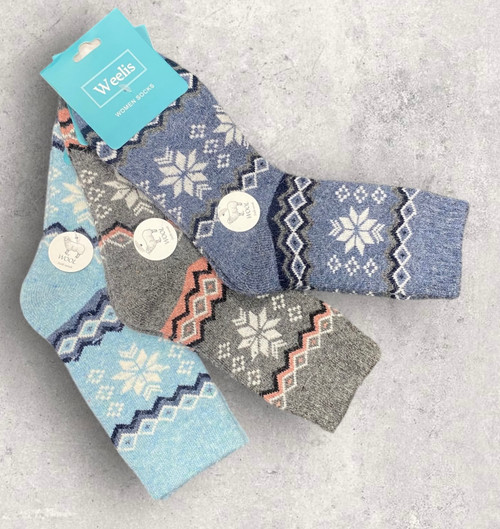 Snowflake Fairisle  Fair Isle Design Terry & Wool Blend Super Warm Socks - 5 Colours