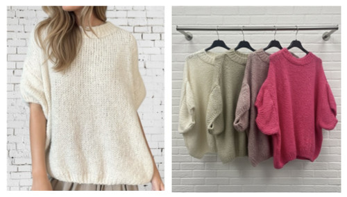 Made In Italy Super Soft Short Sleeved Oversized Fluffy Knit Jumper - One Size Fits UK 10-20