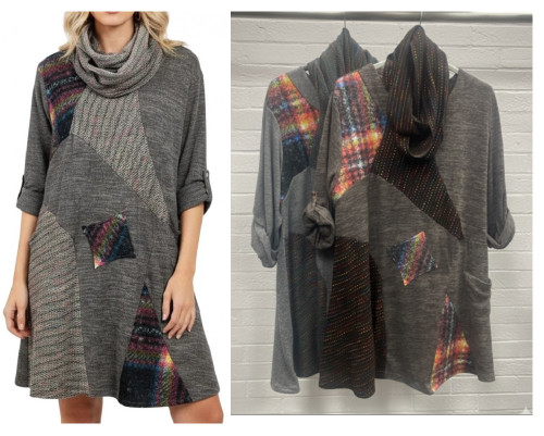 CURVE MADE IN ITALY JERSEY MARL PATCHWORK TUNIC TOP WITH SNOOD One Size Fits UK 14-24/26