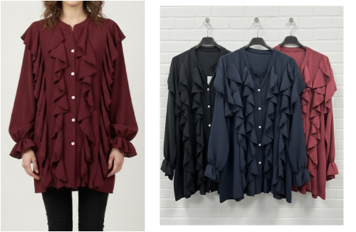Italian Ruffled Boho Neru Collar Button Front Blouse - Onesize Will Fit UK 12-24 Navy Black & Burgandy