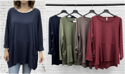 Italian Stretch Scuba Panelled Dip Side Top With Pockets - One Size Fits UK 12-22