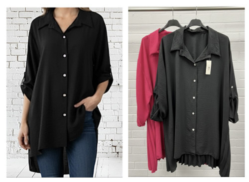 ITALIAN LOOSE FIT BUTTON FRONT PLEATED BACK BLOUSE - One Size Will Fit UK 12-22 Black Or Pink