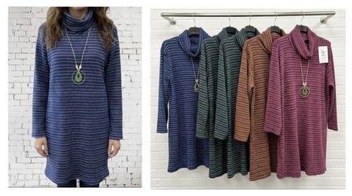 Italian Roll Cowl Neck Textured Fine Knit Ditsy Spot Longline Top - One Size Fits UK 10-16