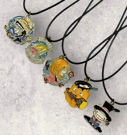 Howl's Moving Castle Inspired, 5 Enamel Gold Pendants on Black Wax Cord Necklace