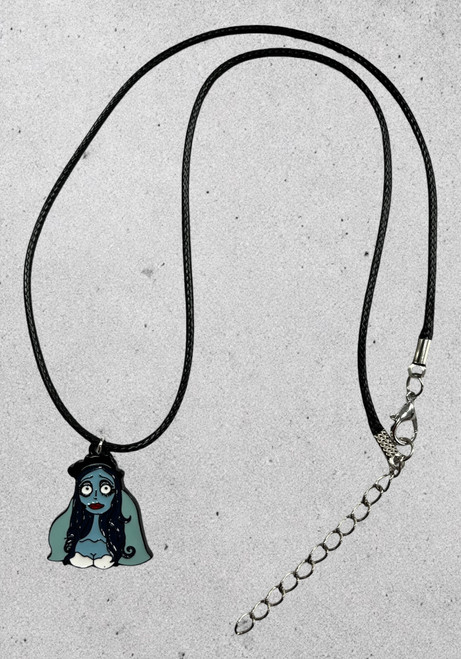Emily the Corpse Bride enamel and black alloy pendant necklace on black waxed cord