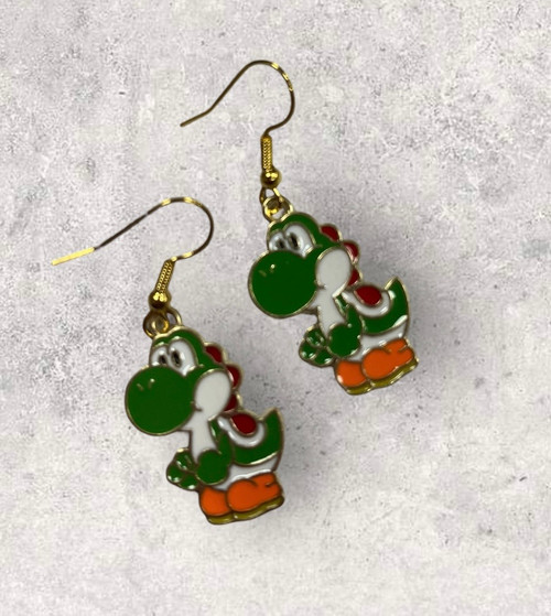 Mario Yoshi inspired enamel and gold alloy Drop Dangly earrings