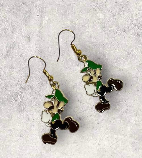 Luigi Mario Inspired Enamelled Gold Alloy Drop Dangly Earrings