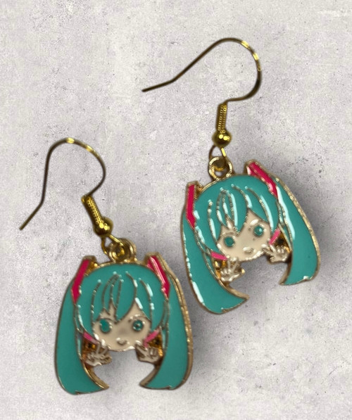 Hatsuna Miku Inspired Enamelled Gold Alloy Drop Dangly Earrings 