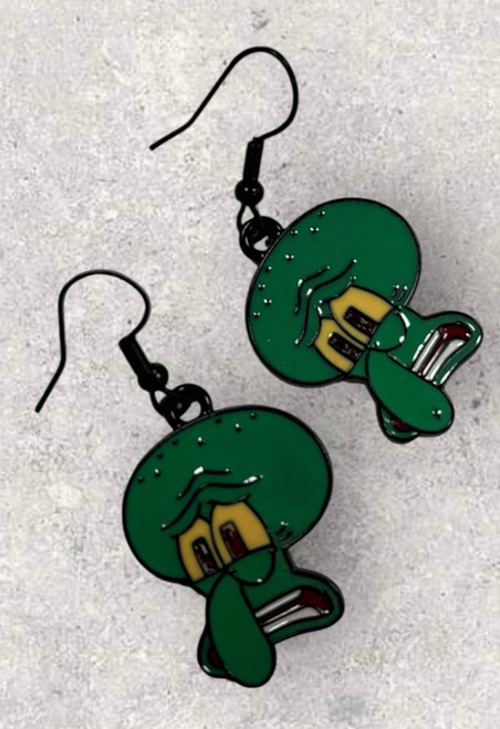 SpongeBob Squidward  Inspired Green Enamel & Black Alloy Drop Dangly Earrings 