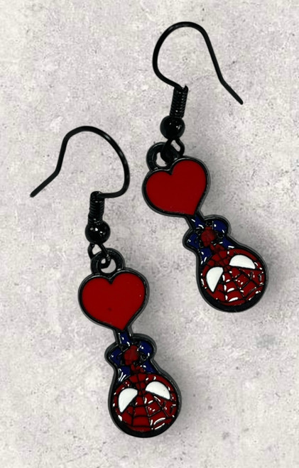 Upside Down Spidetman Heart Valentine Small Enamel & Alloy Drop Dangly Earrings 