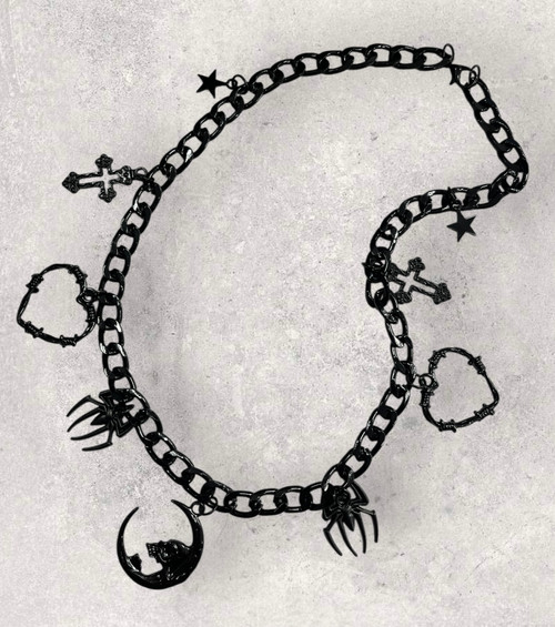 Handmade Gothic Alternative Style Black Alloy Skull, Moon, Barbed Heart Charm Necklace