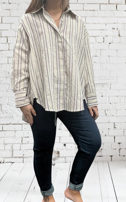 Zeta Otto Beige Striped Dip Back Classic Shirt One Size Fits UK 10-22