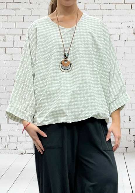 Made In Italy White & Sage Green Gingham Check Batwing Top One Size Fits UK 10-18