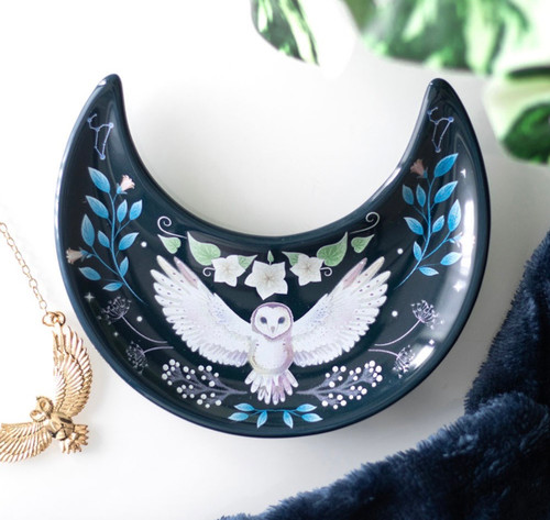 Crescent Moon Night Owl Forest Fantasy Ceramic Trinket Dish