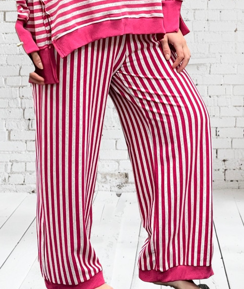 Hot Pink & Grey Striped Jersey Wide Leg Jersey Lounge Pants One Size Fits UK 8-16